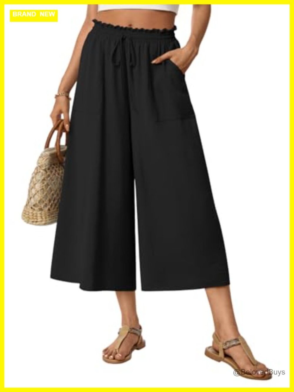 Womens Capri Pants Wide Leg Gaucho Palazzo Culottes 100% Polyester Drawstring